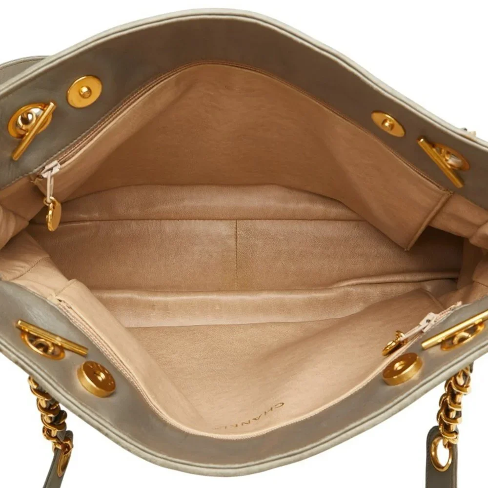 CHANEL Gray Leather Logo Tote Bag